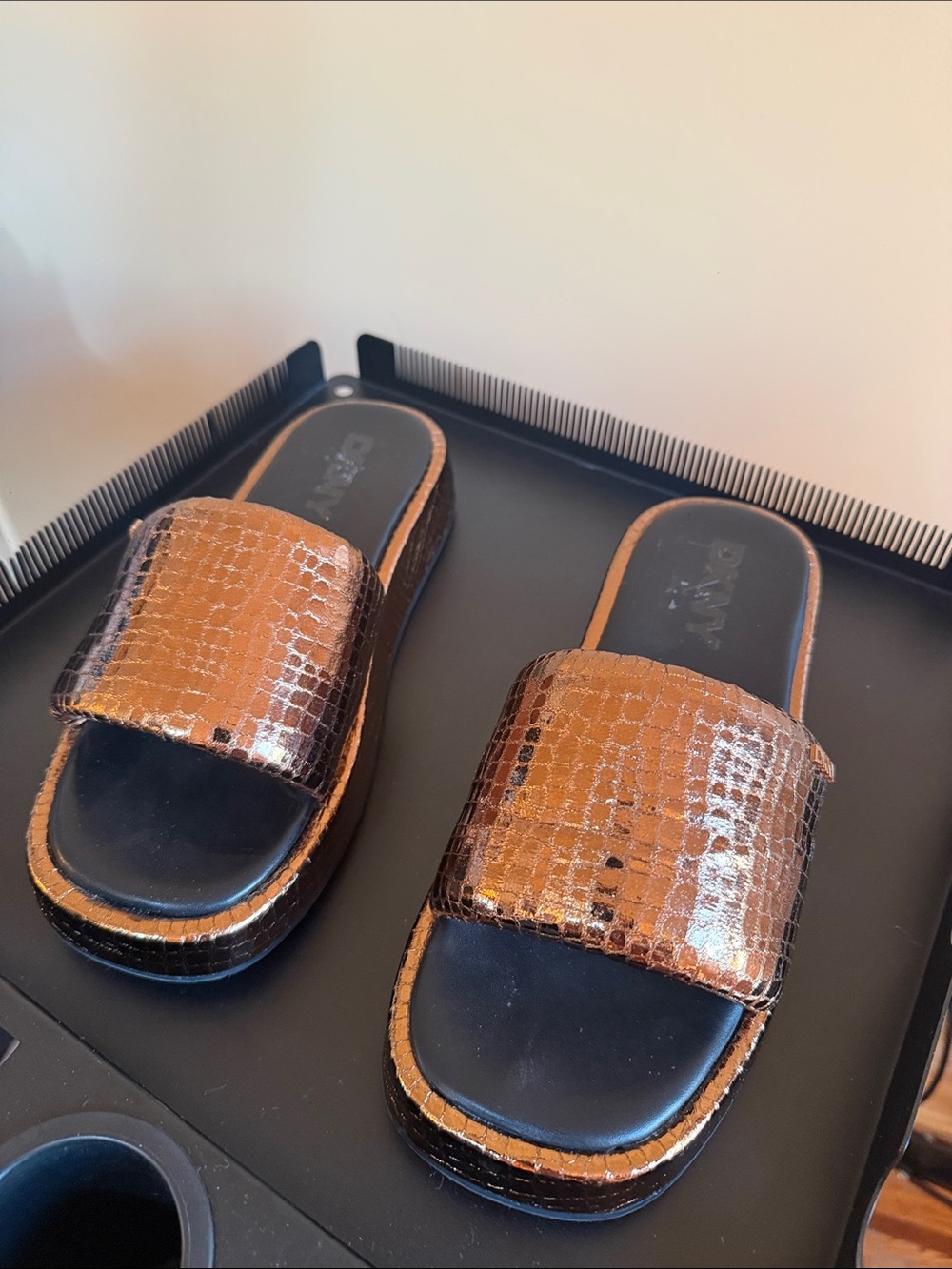 DKNY Copper Metallic Croc-Embossed Slide Sandals